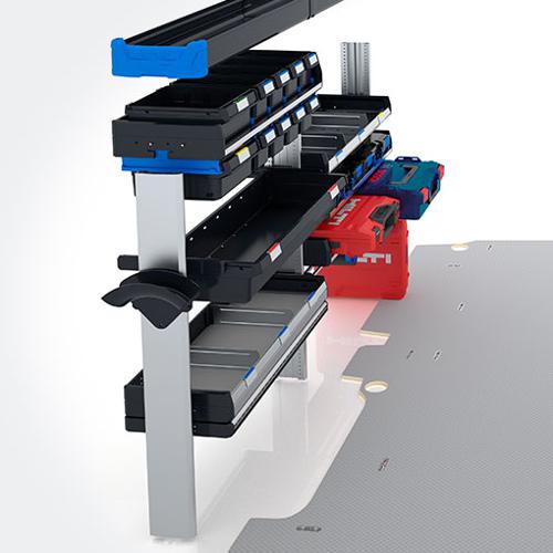 Aménagement métallique pour véhicule utilitaire professionnel, agencement modulaire en aluminium et en métal. Étagère de rayonnage, tiroir, mallette, bac à bec coulissant et casier pour l'organisation et le rangement de coffret électroportatif, d’outils et de consommables dans le camion et la camionnette d’un artisan plombier, électricien, chauffagiste, climaticien, menuisier, cuisiniste, peintre, plaquiste, frigoriste, poseur, installateur, mécanicien dépanneur et technicien de maintenance et SAV d’une entreprise, d’une PME, d’un grand compte ou d’une collectivité locale par Espace V.U Sarl station Sortimo by Gruau. Aménageur, créateur, transformateur et équipementier de fourgon et fourgonnette utilitaire professionnelle en atelier mobile, véhicule de maintenance, véhicule d’intervention, transformation de VUL à Bordeaux en Gironde 33, Dordogne 24, Charente 16, Charente-Maritime 17 et Lot-et-Garonne 47. Vente directe usine pas chère dans toute la France.