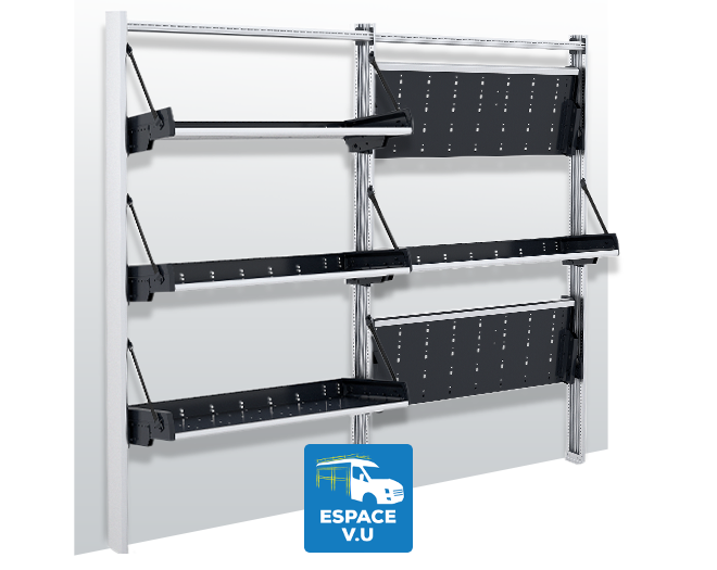 Étagère escamotable, repliable pour l’équipement de véhicule utilitaire artisan – entreprise. Aménagement idéal des fourgonnettes professionnelles. Agencement de fourgon avec la gamme FR5 d'étagère relevable par Espace V.U Sarl, station Sortimo by Gruau aménageur de véhicule en atelier mobile à Bordeaux en Gironde 33, Charente 16, Charente-Maritime 17, Dordogne 24 et Lot-et-Garonne 47.