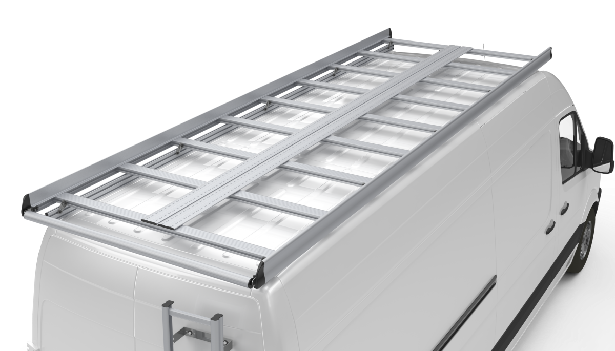 Galerie en aluminium anodisé et acier inoxydable pour véhicule utilitaire. Solution de portage pour les grandes échelles sur le toit du fourgon et de la fourgonnette professionnelle pour artisan et entreprise par Espace V.U Sarl. Facilite le chargement sur le pavillon du camion ou de la camionnette du professionnel.