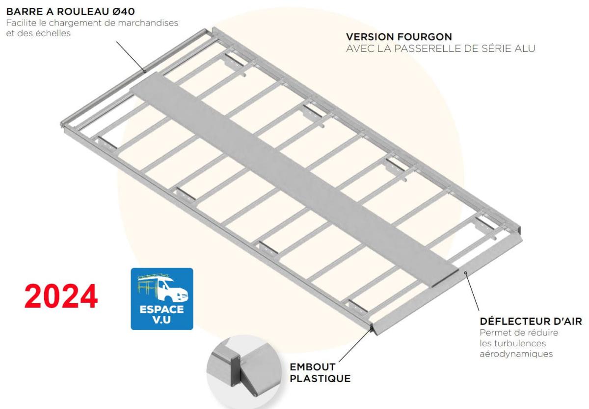 Galerie de toit plate ou extra-plate pour véhicule utilitaire par Espace V.U à Bordeaux en Gironde, Charente 16, Charente-Maritime 17, Dordogne 24, Lot-et-Garonne 47, Nouvelle-Aquitaine. Livraison directe usine dans toute la France. Solution de portage pour le transport sur le toit du pavillon de camion ou de la camionnette professionnelle.