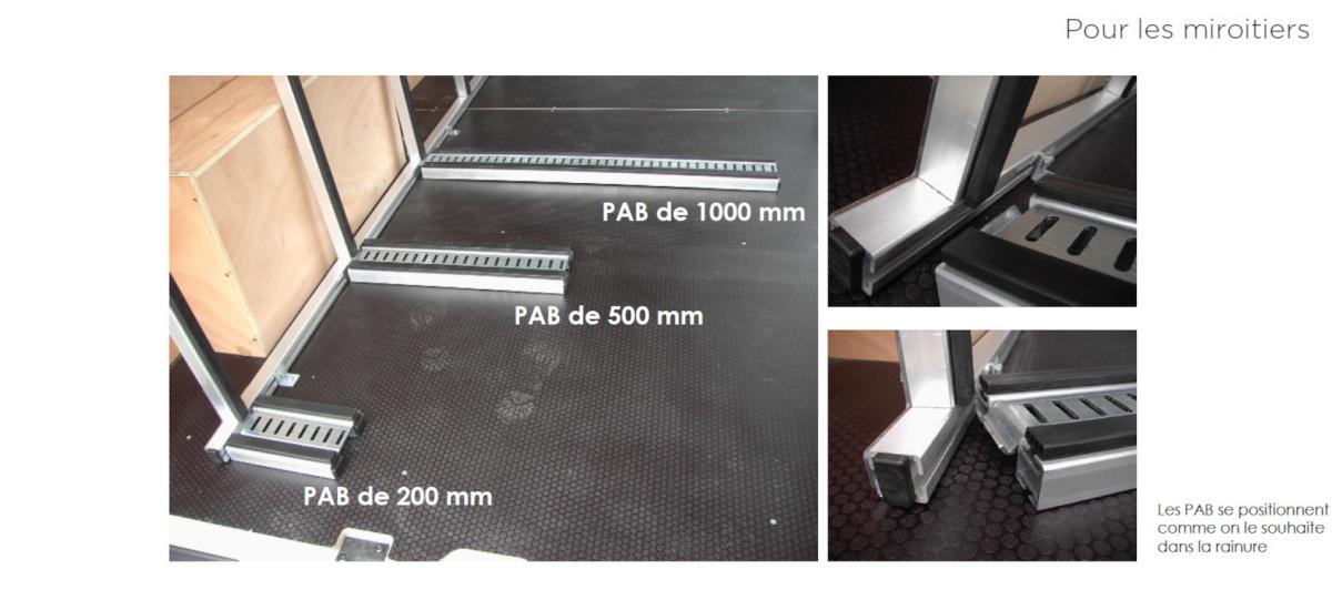 Pièces d'appui basses encastrables dans le plancher d’un longueur de 200, 500 ou 1000 mm pour porte-verre, pupitre intérieur latéral pour véhicule utilitaire léger. Berce-vitre pour camion ou camionnette par Espace V.U sarl station Sortimo by Gruau à Bordeaux.